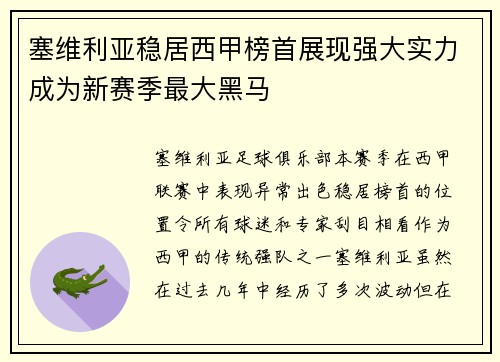 塞维利亚稳居西甲榜首展现强大实力成为新赛季最大黑马
