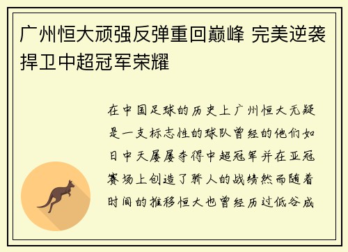 广州恒大顽强反弹重回巅峰 完美逆袭捍卫中超冠军荣耀