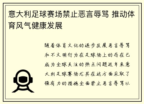 意大利足球赛场禁止恶言辱骂 推动体育风气健康发展