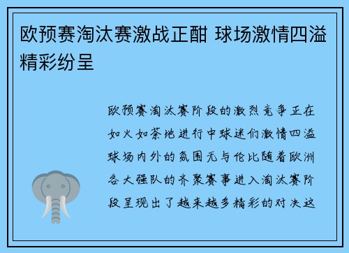 欧预赛淘汰赛激战正酣 球场激情四溢精彩纷呈