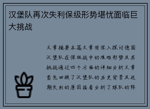 汉堡队再次失利保级形势堪忧面临巨大挑战