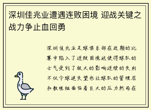 深圳佳兆业遭遇连败困境 迎战关键之战力争止血回勇