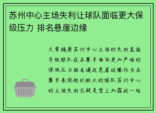 苏州中心主场失利让球队面临更大保级压力 排名悬崖边缘