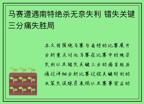 马赛遭遇南特绝杀无奈失利 错失关键三分痛失胜局