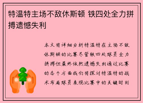 特温特主场不敌休斯顿 铁四处全力拼搏遗憾失利