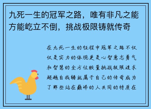 九死一生的冠军之路，唯有非凡之能方能屹立不倒，挑战极限铸就传奇