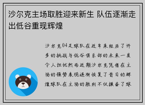 沙尔克主场取胜迎来新生 队伍逐渐走出低谷重现辉煌